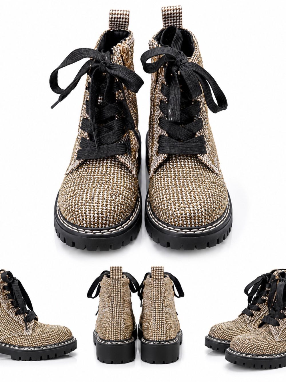 Kurt Geiger Beige Tweed Lace-Up Combat Boots with Black Soles